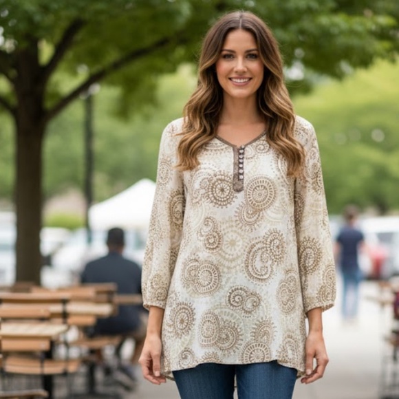 J. Jill Geometric Boho Henley Blouse Women’s Medium 3/4 Sleeve Lightweight - Picture 1 of 7